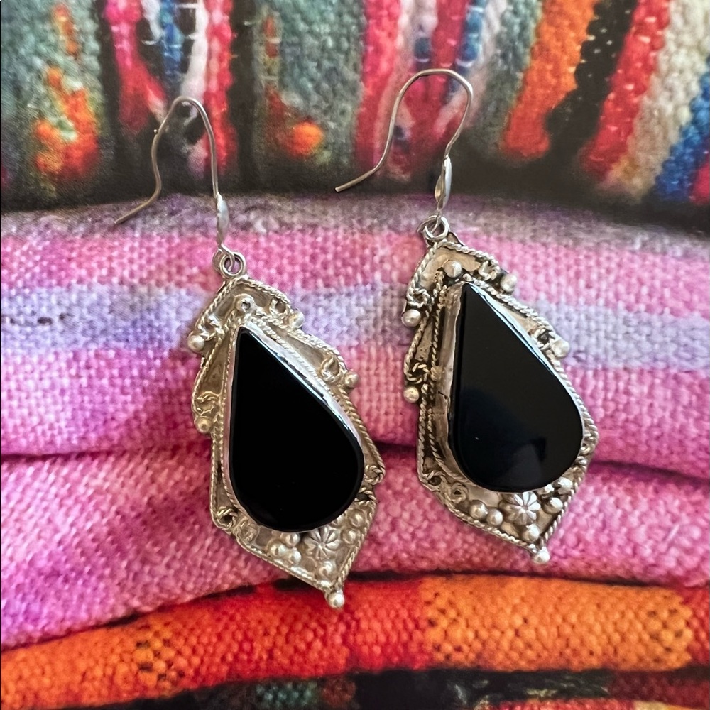 Large Vintage Boho Silver & Onyx Earrings